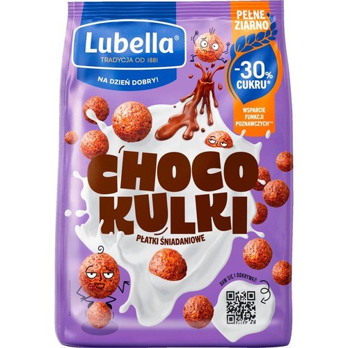 Fioletowe opakowanie płatków śniadaniowych Lubella Choco Kulki. Na paczce grafika czekoladowych kulek w mleku i czekoladzie. Produkt zawiera pełne ziarno, ma 30% mniej cukru i wspiera funkcje poznawcze. Tradycja od 1881.