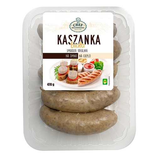 Przezroczyste opakowanie z kaszanką białą marki Chef Recommends, o wadze 470 g. W środku widoczne są szare, podłużne kiełbaski. Na białej etykiecie widnieje nazwa produktu oraz grafika przedstawiająca grillowaną kaszankę i przystawki.