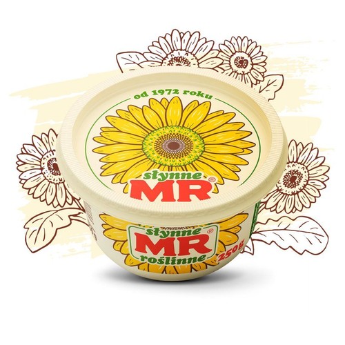 Produkt Słynne MR roślinne w okrągłym pojemniku 250g. Wieczko zdobi duży, żółty słonecznik i tekst "od 1972 roku". Na boku opakowania widoczne logo Słynne MR oraz informacja "roślinne".