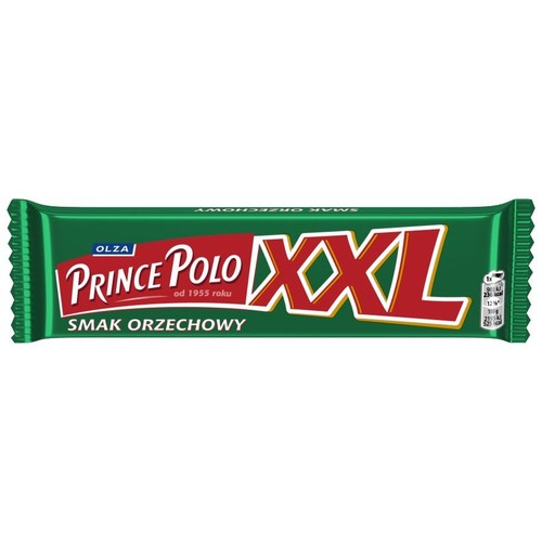 Baton Prince Polo XXL w błyszczącym, zielonym opakowaniu. Na etykiecie widoczna jest nazwa marki Olza, "Prince Polo" oraz oznaczenie rozmiaru "XXL". Pod spodem widnieje tekst "Smak orzechowy".