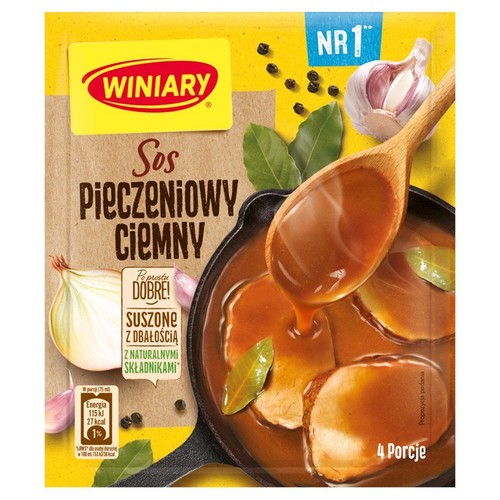 Opakowanie sosu pieczeniowego ciemnego Winiary. Na grafice patelnia z mięsem w sosie, cebula, czosnek, pieprz. 4 porcje.