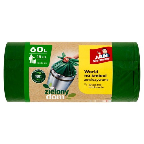 Zielone worki na śmieci Jan Niezbędny, 60 litrów, 18 sztuk. Wygodne zamknięcie, 100% z recyklingu.