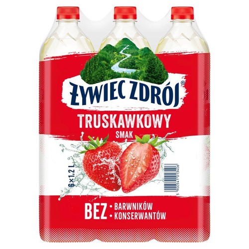 Zgrzewka 6 butelek wody smakowej Żywiec Zdrój o smaku truskawkowym, każda po 1.2 litra. Na czerwono-białej etykiecie widnieje nazwa marki, grafika gór i rzeki oraz dwie truskawki. Produkt bez barwników i konserwantów.