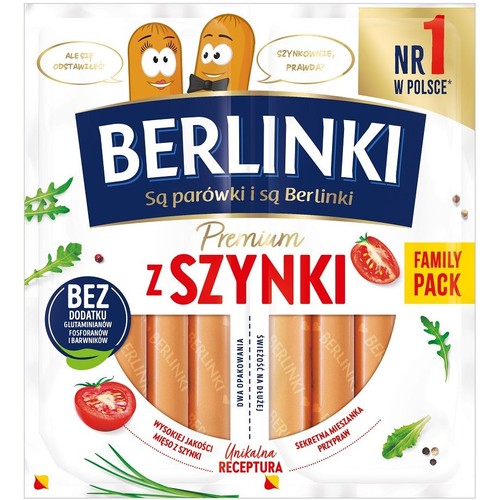 Parówki z szynki bez osłonki 80% Berlinki  2 x 180 g