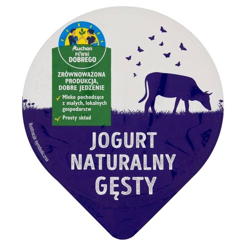 Wieczko jogurtu Auchan Pewni Dobrego. Napis: Jogurt Naturalny Gęsty. Fioletowa grafika krowy i motyli na trawie.