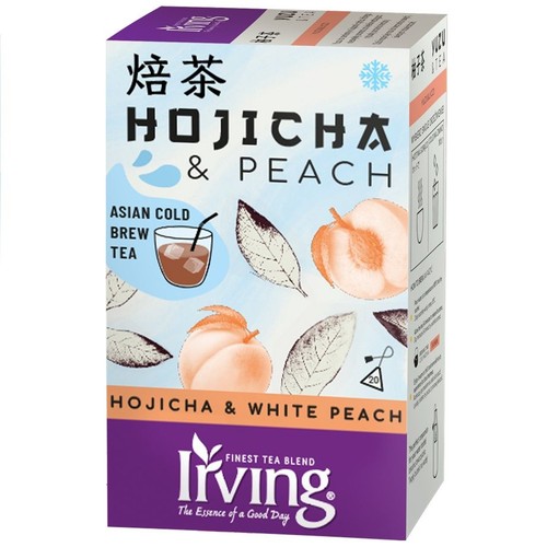 Herbata Iriving Hojicha & Peach, Asian Cold Brew Tea. Białe pudełko z fioletowym spodem, ozdobione grafikami brzoskwiń i liści.