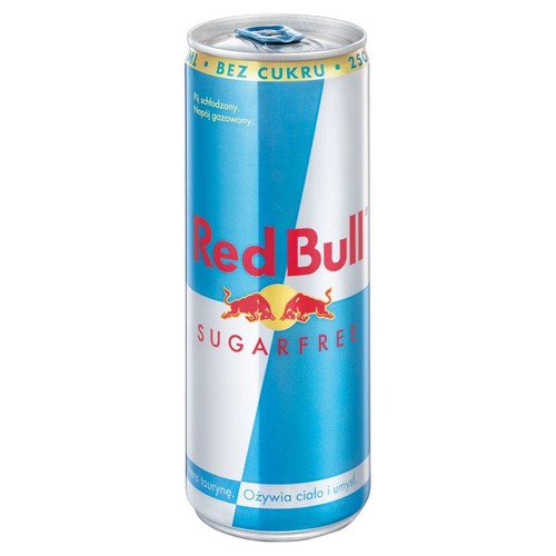 Srebrna puszka Red Bull Sugarfree, 250 ml. Napój energetyczny bez cukru, z bykami i napisem "Red Bull".