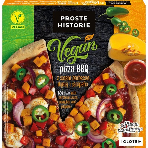 Opakowanie pizzy Proste Historie Vegan BBQ z sosem barbecue, dynią i jalapeño. Na zdjęciu pizza z dodatkami.