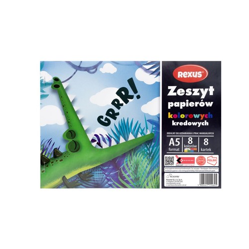 Produkt Rexus: zeszyt papierów kredowych A5, zawierający 8 kartek w 8 różnych kolorach. Okładka przedstawia rysunek zielonego krokodyla z zębami i kolcami, na tle błękitnego nieba z chmurami i bujnej roślinności. Obok krokodyla widnieje napis "GRRR!".