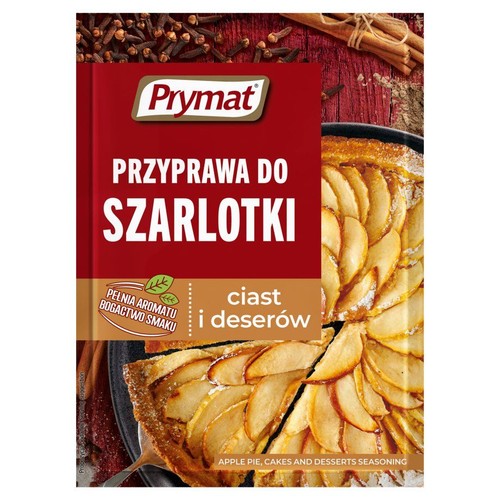 Prymat Przyprawa do Szarlotki. Opakowanie z grafiką ciasta jabłkowego, goździków i cynamonu. Do ciast i deserów.