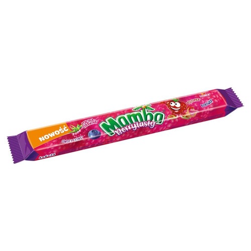 Nowe cukierki Mambo Berrytasty w podłużnym, różowym opakowaniu z fioletowymi końcówkami. Na etykiecie widoczne są rysunki malin i jagód, a także napisy "soczysta malina" i "słodka jagoda". Opakowanie zawiera 4 sztuki po 26 gramów.