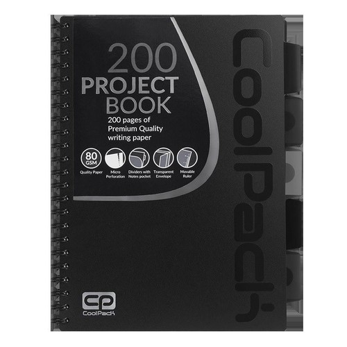 Czarny notatnik spiralny CoolPack Project Book z 200 stronami wysokiej jakości papieru o gramaturze 80 GSM. Posiada mikroperforację, przekładki z kieszenią na notatki, przezroczystą kopertę oraz ruchomą linijkę. Idealny do projektów.