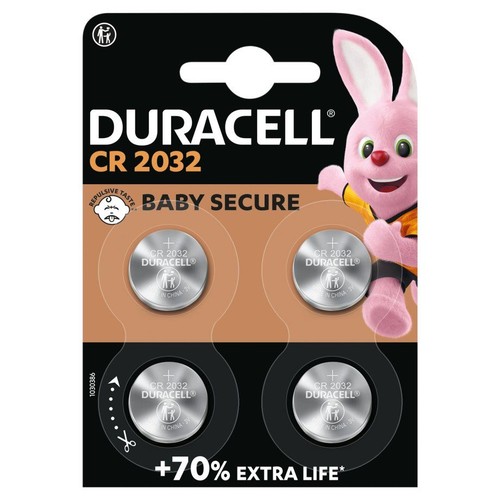 4 baterie guzikowe Duracell CR 2032. Opakowanie z zabezpieczeniem Baby Secure i gorzkim smakiem, z różowym królikiem.