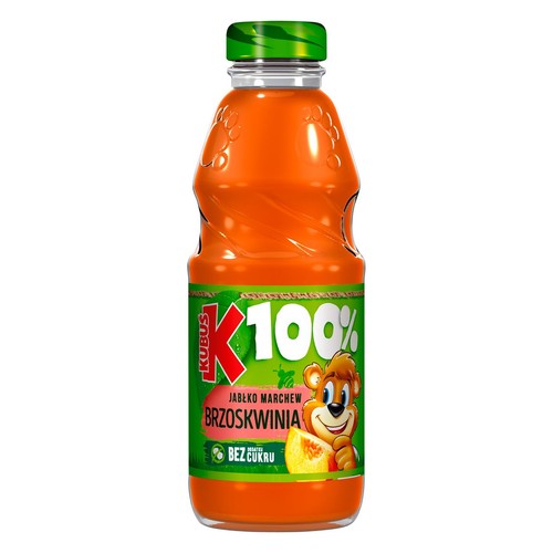 Butelka soku Kubuś 100% Jabłko Marchew Brzoskwinia. Na etykiecie miś i napis "Bez Cukru".