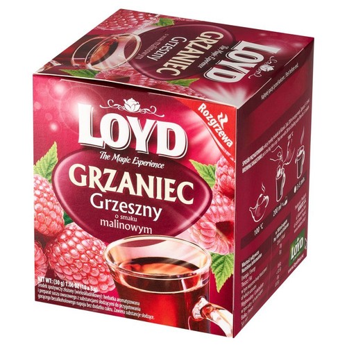 Pudełko Loyd Grzaniec Grzeszny malinowy. Aromatizowana herbatka owocowa, bezalkoholowa. Waga netto 30g.