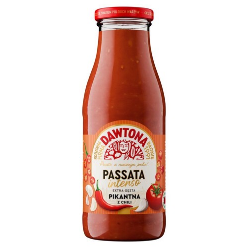 Szklana butelka passaty pomidorowej Dawtona Intenso Pikantna z Chili. Czerwona etykieta z grafikami warzyw.