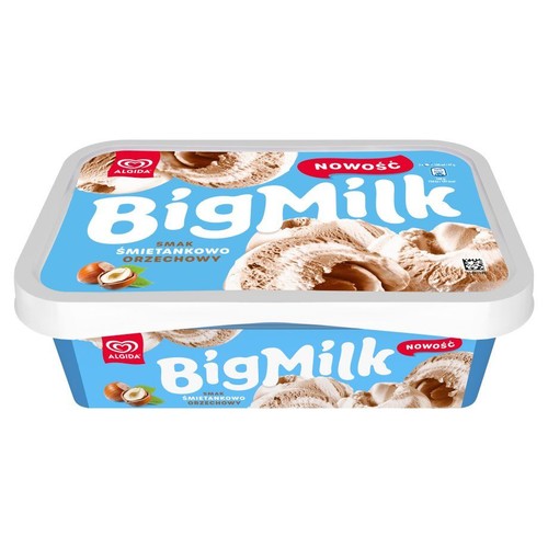 Lody Algida BigMilk, nowość, w prostokątnym opakowaniu. Smak śmietankowo-orzechowy z grafiką orzechów.