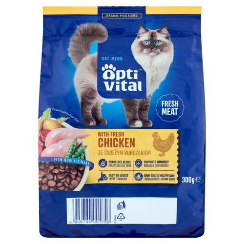 Niebieska torba karmy dla kota Opti Vital z kurczakiem, 300g. Na opakowaniu kot rasy Ragdoll i miska z karmą.