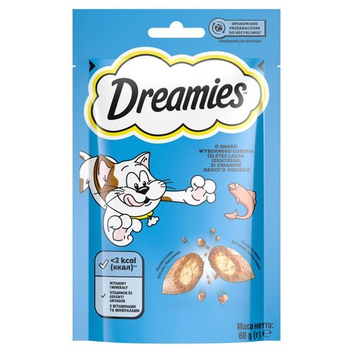 Niebieska saszetka Dreamies, przysmak dla kota o smaku łososia. Opakowanie 60g, z grafiką kota i smakołyków. Przeznaczone do recyklingu.