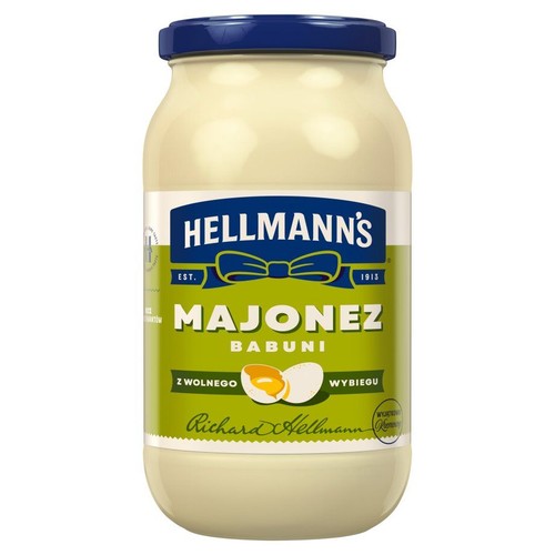 Majonez Hellmann's Babuni 500ml w szklanym słoiku. Etykieta z napisem "Majonez Babuni" i informacją o jajkach z wolnego wybiegu.