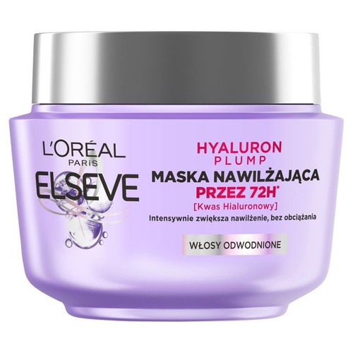 Fioletowy słoik maski L'Oréal Elseve Hyaluron Plump z kwasem hialuronowym. Przeznaczona do włosów odwodnionych.