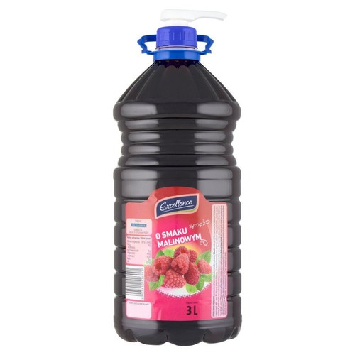 Syrop malinowy Excellence w ciemnej butelce 3L z dozownikiem. Na etykiecie napis "O smaku malinowym" i grafika malin.