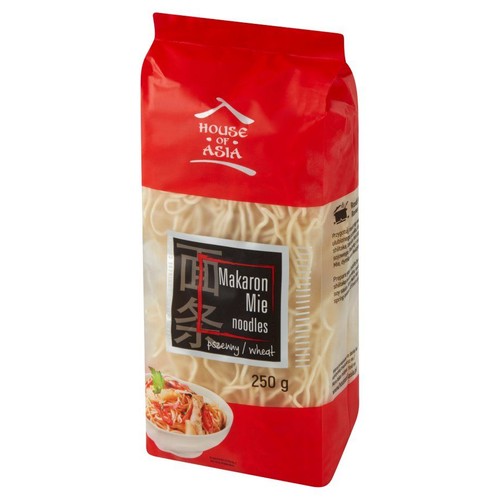Opakowanie makaronu pszennego Mie House of Asia, 250g. Czerwona torba z widocznym makaronem i miską gotowego dania.