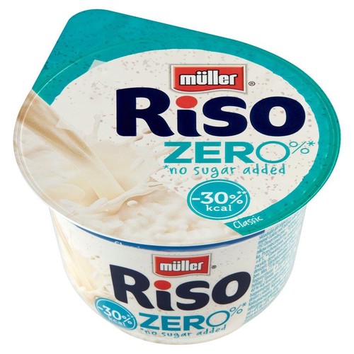 Produkt Müller Riso ZERO Classic, ryż na mleku, bez dodatku cukru, 30% mniej kalorii.