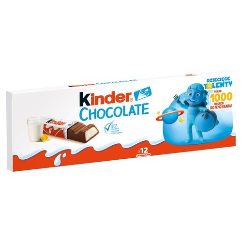 Białe opakowanie Kinder Chocolate z 12 batonikami. Na pudełku widoczny batonik czekoladowy z mlecznym nadzieniem, szklanka mleka i plasterek cytryny. Informacja: bez sztucznych barwników i konserwantów. Promocja Dziecięce Talenty.