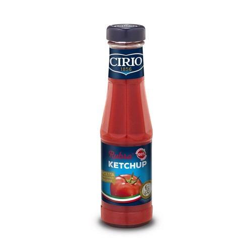 Butelka ketchupu Cirio 1856 Rubra z niebieską etykietą. Na etykiecie znajduje się duży, czerwony pomidor, nazwa "KETCHUP" oraz tekst "Ricetta Originale Italiana" (Oryginalna włoska receptura).