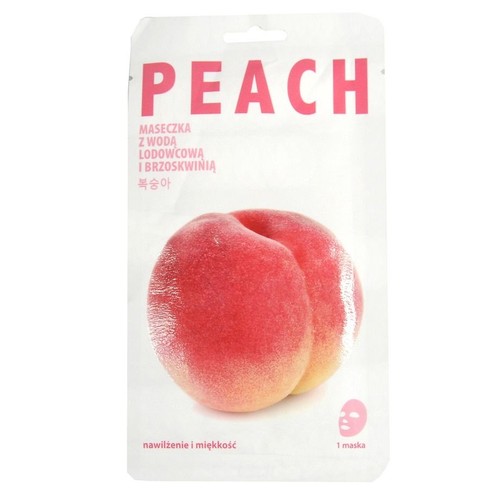 Opakowanie maseczki do twarzy Peach z wodą lodowcową i brzoskwinią. Na białym tle widoczne dwie brzoskwinie.