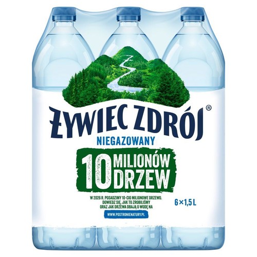 Zgrzewka 6 butelek wody niegazowanej Żywiec Zdrój, każda o pojemności 1,5 litra. Na etykiecie widnieje zielony krajobraz górski z rzeką oraz informacja o akcji "10 Milionów Drzew". Całkowita objętość to 9 litrów.