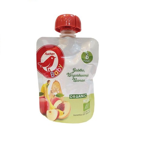 BIO Pouch jabłko brzoskwinia i banan po 6 miesiącu Auchan Baby 90 g