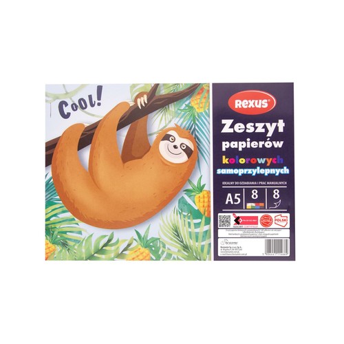 Rexus, zeszyt samoprzylepnych papierów kolorowych A5. Przeznaczony do ozdabiania i prac ręcznych. Zawiera 8 arkuszy w 8 różnych kolorach. Na okładce wesoły leniwiec zwisający z gałęzi, z tropikalnym tłem i ananasami. Polski produkt.