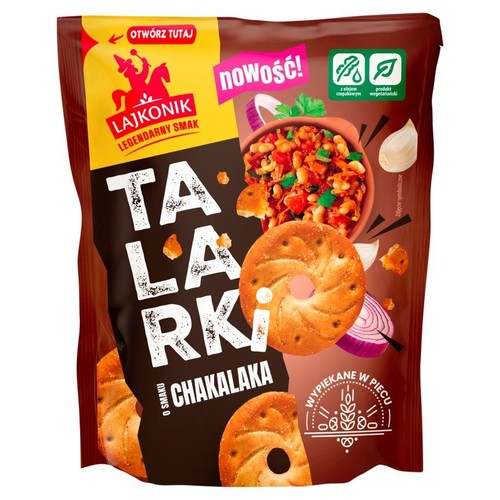 Nowe opakowanie Lajkonik Talarki Chakalaka. Produkt z olejem rzepakowym, wegetariański. Na opakowaniu widoczne krakersy z dziurką, miska z mieszanką warzywną, cebula i czosnek. Wypiekane w piecu.
