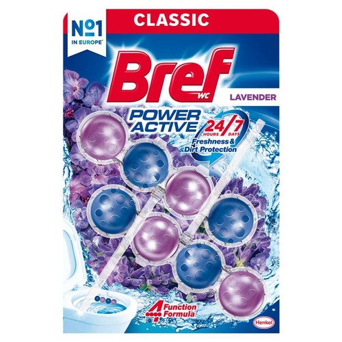 Bref WC Power Active Classic Lavender, zawieszka do toalety z fioletowymi i niebieskimi kulkami.