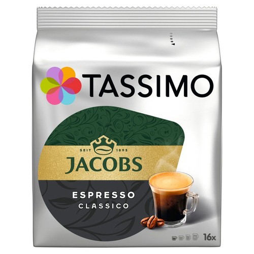 Opakowanie kawy Tassimo Jacobs Espresso Classico w formie srebrnej torebki. Produkt zawiera 16 kapsułek. Na etykiecie znajduje się grafika małej filiżanki espresso z brązową pianką oraz kilka ziaren kawy.