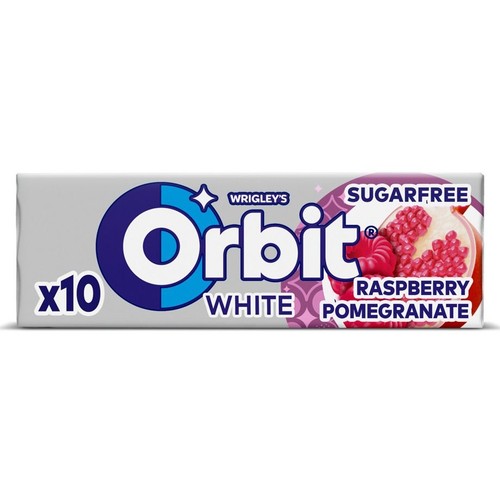 Prostokątne, szare opakowanie gum do żucia Wrigley's Orbit White. Na opakowaniu widnieje logo Orbit, informacja o 10 sztukach oraz napis "Sugarfree" (bez cukru). Grafika przedstawia przekrojony granat z malinami, symbolizujący smak malina-granat.