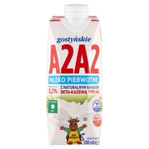 Karton mleka pierwotnego A2A2 UHT 3,2% Gostyń, 500 ml. Białe opakowanie z dużą czerwoną grafiką A2A2 i krową.
