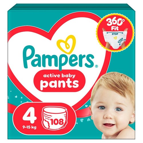 Opakowanie pieluchomajtek Pampers, rozmiar 4, 108 sztuk. Turkusowe tło z czerwonym sercem, uśmiechnięta buzia dziecka na froncie.