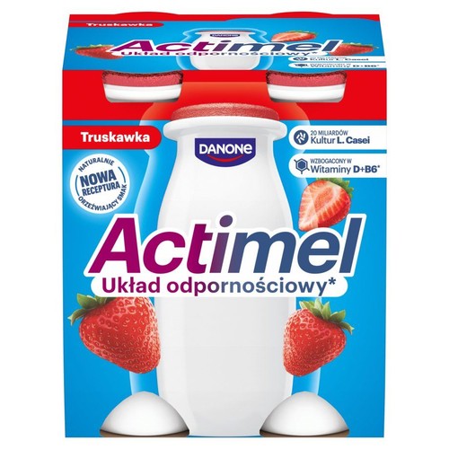 Actimel truskawkowy w białej butelce z czerwoną nakrętką. Nowa receptura, orzeźwiający smak. Zawiera witaminy D+B6.