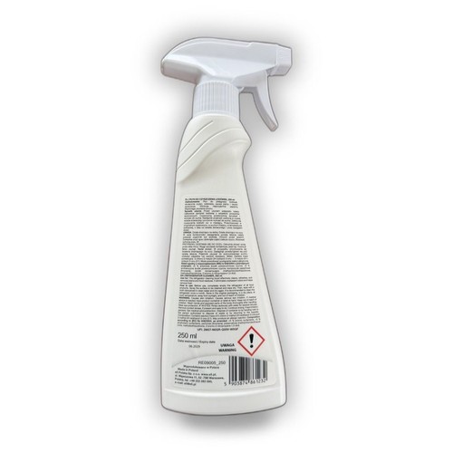 Butelka z białego tworzywa sztucznego z ergonomicznym kształtem i głowicą spryskującą. Zawiera 250 ml płynu. Na tylnej etykiecie umieszczono tekst informacyjny, dane kontaktowe, kod kreskowy oraz piktogram ostrzegawczy "Uwaga".