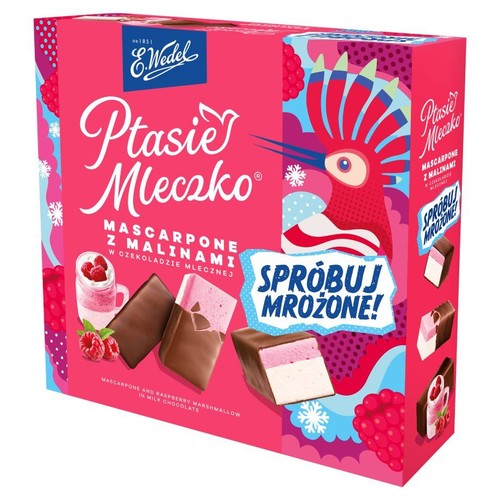 Opakowanie Ptasiego Mleczka Wedel o smaku mascarpone z malinami. Na pudełku grafiki pianek i hasło "Spróbuj mrożone!".