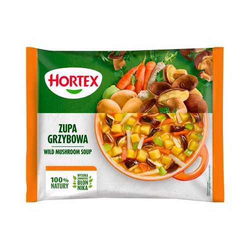 Torebka zupy Hortex Grzybowa. Na opakowaniu grafika składników: marchew, ziemniaki, grzyby i miska zupy.