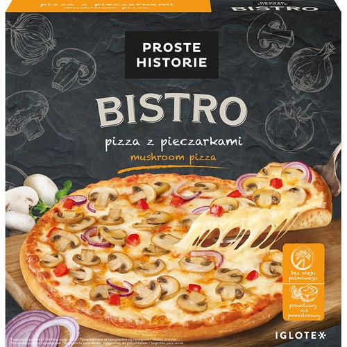 Pizza Proste Historie Bistro z pieczarkami, czerwoną cebulą i serem. Kawałek pizzy jest podnoszony, ciągnie się ser.