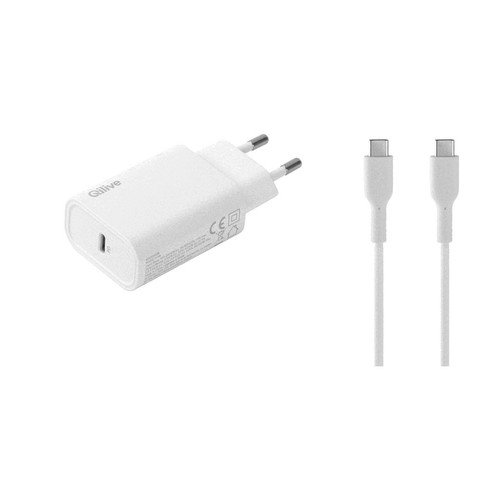 Produkt Qilive: biała ładowarka sieciowa z wtyczką europejską i portem USB-C. W zestawie znajdują się również dwa białe kable USB-C, zapewniające uniwersalne połączenie z nowoczesnymi urządzeniami.