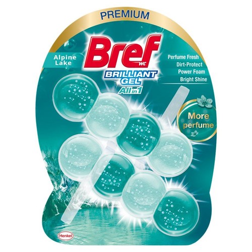 Bref WC Brilliant Gel All in 1, Alpejskie Jezioro. Zapewnia świeży zapach, ochronę przed brudem i aktywną pianę.