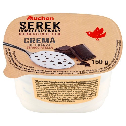 Auchan Serek homogenizowany Stracciatella, 150 g. Na wieczku grafika z łyżką kremu z kawałkami czekolady.
