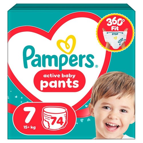 Pieluchomajtki Pampers Active Baby Pants, rozmiar 7 dla 15+ kg, 74 sztuki. Opakowanie z grafiką dziecka i informacją o 360° Fit.