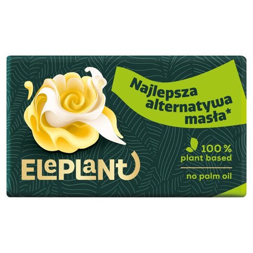 Produkt ElePlant, 100% roślinny zamiennik masła. Opakowanie z grafiką dekoracyjnego kremu na zielonym tle.